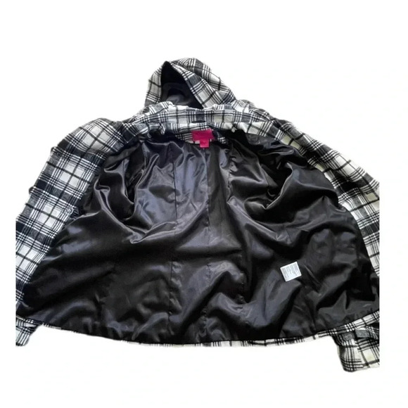 Pink Envelope Plaid Hooded Button Down Black and White Peacoat Junior’s Large - Picture 6 of 13